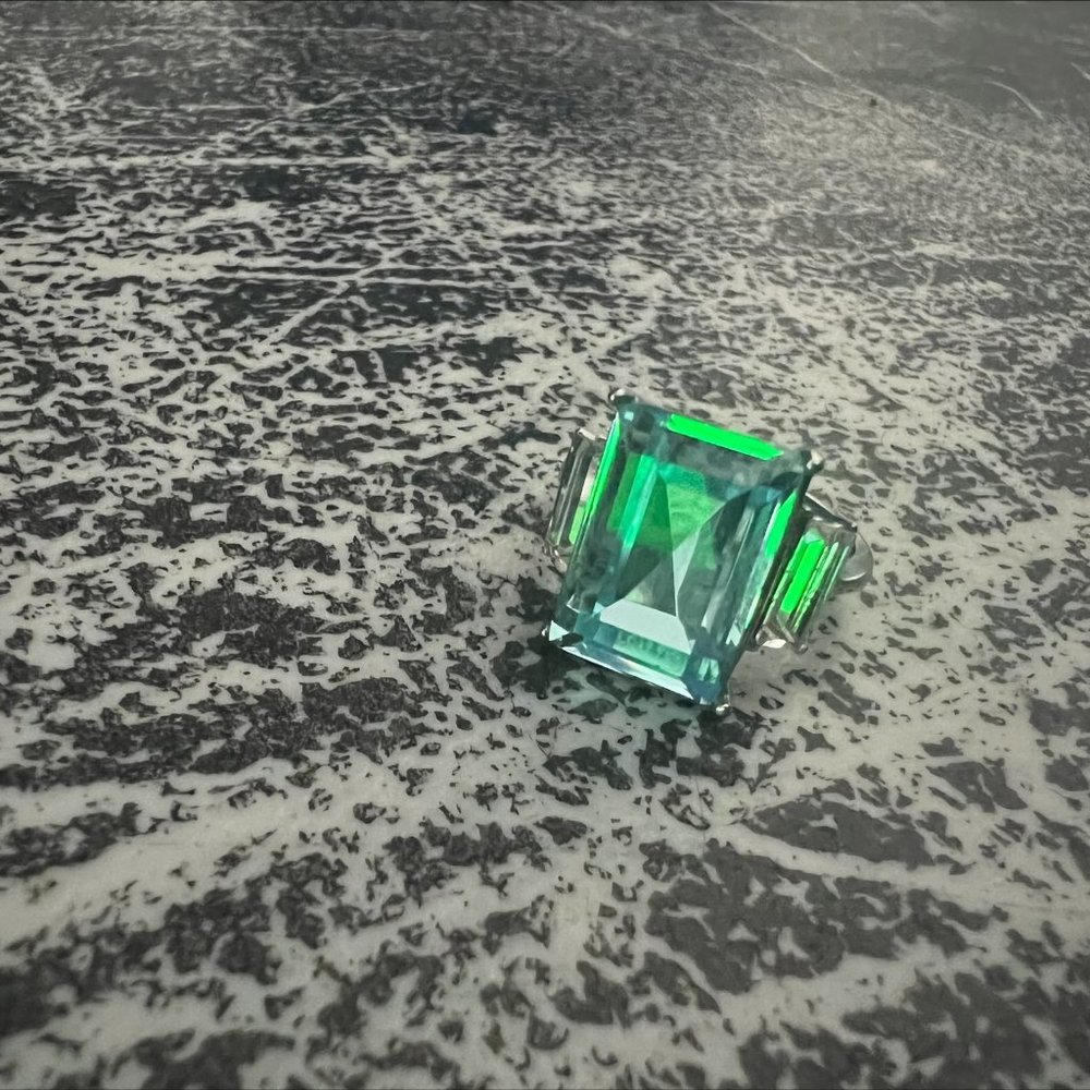 Aqua Duchess Style Ring 10mm x 14mm Radiant Cut Crystal Stainless